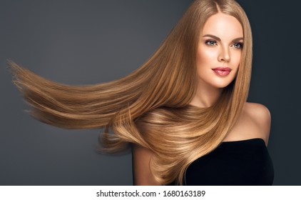 Beautiful model woman with shiny  and straight long hair. Keratin  straightening. Treatment, care and spa procedures. Blonde beauty  girl smooth hairstyle - Shutterstock ID 1680163189