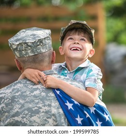 Beautiful Modern American Family. Father Wearing Military Uniform Hugs His Son