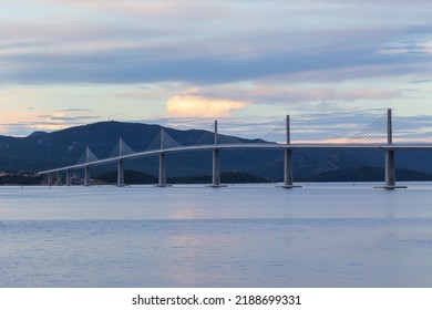 Beautiful Modern Bridge Across The Sea To Pelješac Island In Croatia At Sunrise