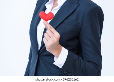 Beautiful Modern Business  Young Women Portrait Hand Holding Red Hart On White Background