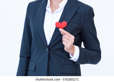 Beautiful Modern Business  Young Women Portrait Hand Holding Red Hart On White Background