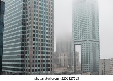 Beautiful Modern Metropolis In The Fog With Business And Office Buildings And The Palace Of Culture In Warsaw. Amazing City Of Warsaw, Poland On A Cloudy, Overcast Day. Urban Wallpaper 