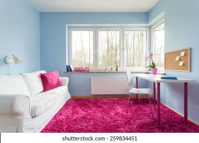 Beautiful Modern Room With Blue Walls And Pink Soft Carpet