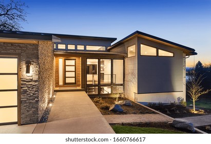 Beautiful Modern Style Luxury Home At Sunset, Featuring Entrance And Elegant Design