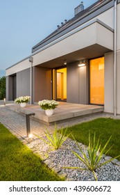 Beautiful Modern Villa With Backyard And Decorative Outdoor Lighting, External View