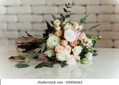 Beautiful Modern Wedding Bouquet On White Table