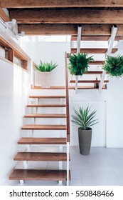 Beautiful Modern Wood Stair And White Interior, Staircase In Front Of View.