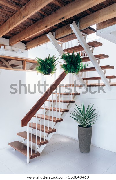 Beautiful Modern Wood Stair White Interior Stock Photo Edit