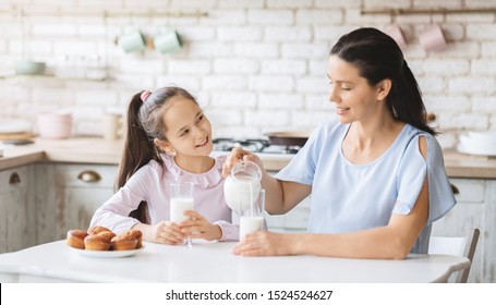 Beautiful Mom And Daughter Drinking Milk In Kitchen, Spending Time Together, Panorama