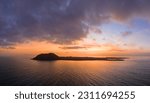 Beautiful moment before sunrise mid level aspect aerial panoramic image over the island of Lobos near Corralejo in Fuerteventura Canary Islands Spain