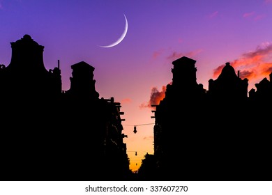 Beautiful Moon Over The Canal Houses At The Little Nine Streets In Amsterdam, The Netherlands, At Sunset