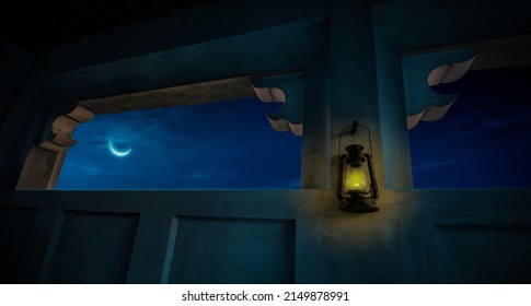 Belle lune vue à travers l'arc d'une vieille maison arabe. Une lampe à huile vintage ou Kadeel accrochée sur un mur rustique de la vieille maison du Moyen-Orient.