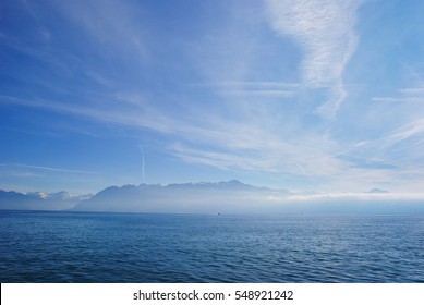  Beautiful morning landscape in the background of the Alps. Switzerland, Lake Geneva
