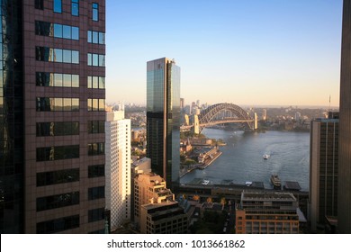 Beautiful Morning Landscape Downtown Cityscape View Of Sydney City Harbour From Top Of High Rise Building Construction Site, Sydney CBD, Australia 