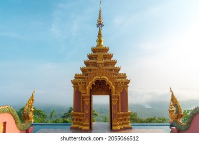 Beautiful morning landscape with fog at Wat Phra That Doi Phra Chan Temple, Mae Tha Lampang, Thailand