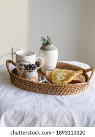 Beautiful Morning With Lots Of Good Things - Blueberries, Veggie Omelet, Toast, Chia Pudding. Soak Up All The Nutrition In Warm Morning Sunlight 