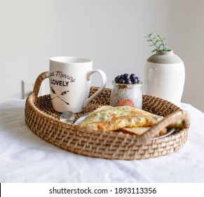 Beautiful Morning With Lots Of Good Things - Blueberries, Veggie Omelet, Toast, Chia Pudding. Soak Up All The Nutrition In Warm Morning Sunlight 