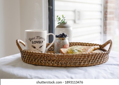 Beautiful Morning With Lots Of Good Things - Blueberries, Veggie Omelet, Toast, Chia Pudding. Soak Up All The Nutrition In Warm Morning Sunlight 