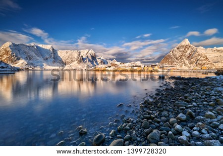 Similar – Image, Stock Photo Reinevagen-gulf + Reinehalsen-isthmus + Reinebringen-mount. 0341