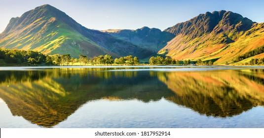 Beautiful morning panorama 
 of Buttermere lake in the Lake District. England