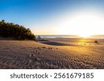 Beautiful morning of summer in the beach. View of sunrise in Mar Azul, Argentina.