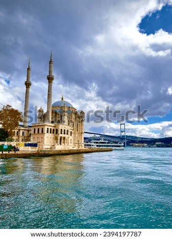 Beautiful mosque on water front. Black Sea and Bosphorous bridge in the back