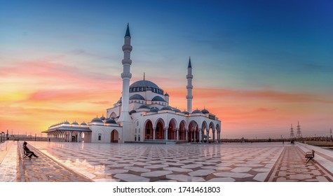 Beautiful Mosque in the world Sharjah New Mosque Amazing Architecture Design great view during sunset Dubai Travel and Tourism image famous tourism spot 