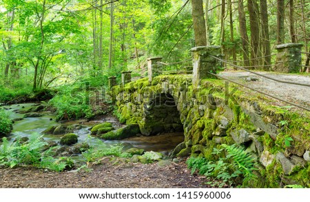 Beautiful Moss Covered Antique Stone Bridge Near the Little River The Great Smokies Mountains National Park