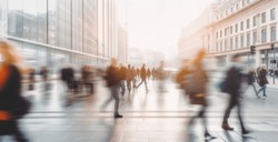 Beautiful Motion Blur Of People Walking In The Morning Rush Hour, Busy Modern Life Concept. Suitable For Web And Magazine Layouts.