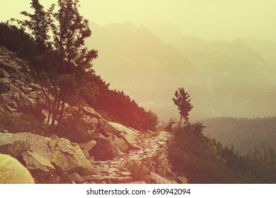 Beautiful Mountain Background. Istagram Filter, Old Photo Texture. 