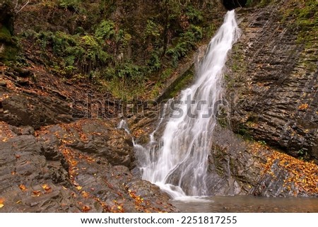 Beautiful mountain forest waterfall Seven beauties. Ismayilli region. Azerbaijan.