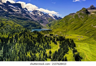 Beautiful mountain green valley landscape. Mountain green valley panorama. Village in mountain valley - Shutterstock ID 2137628413