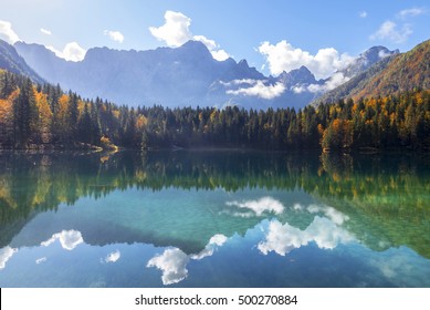 Beautiful mountain lake landscape in autumn, laghi di fusine, italy