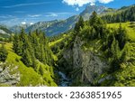 Beautiful mountain landscape in the Alps. Summer Alpine mountains. Mountain green forest in Alps. Beautiful ALpine mountain hills landscape