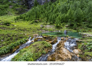 Beautiful mountain landscape of fresh cold water cascading in waterfalls in Alps during summer time - Powered by Shutterstock