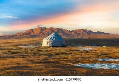 Beautiful mountain landscape with the kazakh Yurt, Kazakhstan, Central Asia 