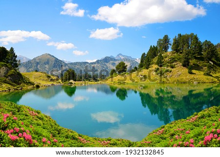Beautiful mountain landscape in Neouvielle national nature reserve, Lac de Bastan inferieur, French Pyrenees.