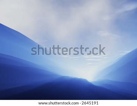 Beautiful mountain landscape with the sun shining through the hills