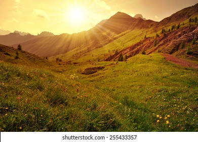 Beautiful Mountain Landscape At Sunset, Dolomites - Italy