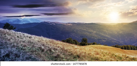 Beautiful Mountain Landscape Time Change Concept. Wonderful Summer Panorama With Sun And Moon. Beech Trees On Grassy Meadow. Clouds On The Sky. Day And Night Series