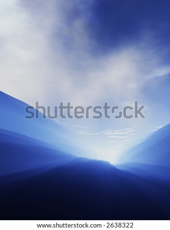 Beautiful mountain lanscape with the sun shining through the hills