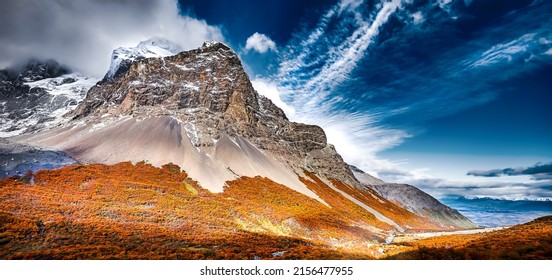 Beautiful mountain peak landscape. Mountain peak panoramic landscape. Mountain panorama. Amazing mountain peak