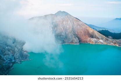 Beautiful mountain peak with a beautiful turquoise lake in the background at mount ijen volcano - Powered by Shutterstock