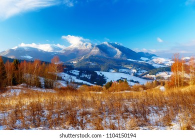 Beautiful mountain snowy landscape. Beautiful sunny day in the mountains. - Shutterstock ID 1104150194