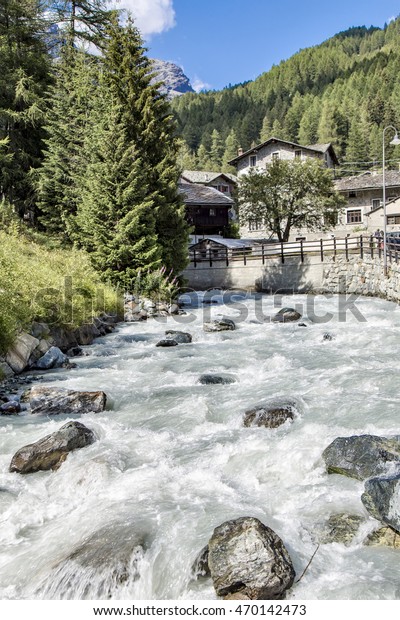 Beautiful Mountain Stream Little Cabins Behind Stock Photo Edit