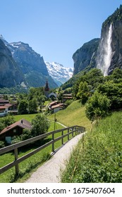 Beautiful mountain villages of Lauterbrunnen and Mürren in Berner Oberland in Switzerland