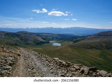 Beautiful mountainous view, lakes and hiking trail above Leadville, Colorado, looking toward Mount Massive in the Rocky Mountains. 