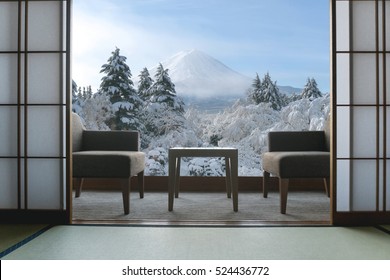 Beautiful Mt.Fuji View At Window Resort Near Kawaguchiko Lake At Japan. Winter, Travel, Vacation And Holiday In Japan.