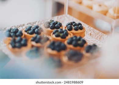 Beautiful multicolored decorated baked sweet tasty candy bar dessert on kids party , catering banquet table on a kids children party. cakes and berries in the candy bar - Powered by Shutterstock