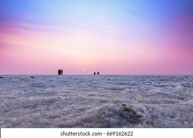 Beautiful Multicolored Sunset Landscape Silhouette Of The Great Rann Of Kutch, Gujarat, India